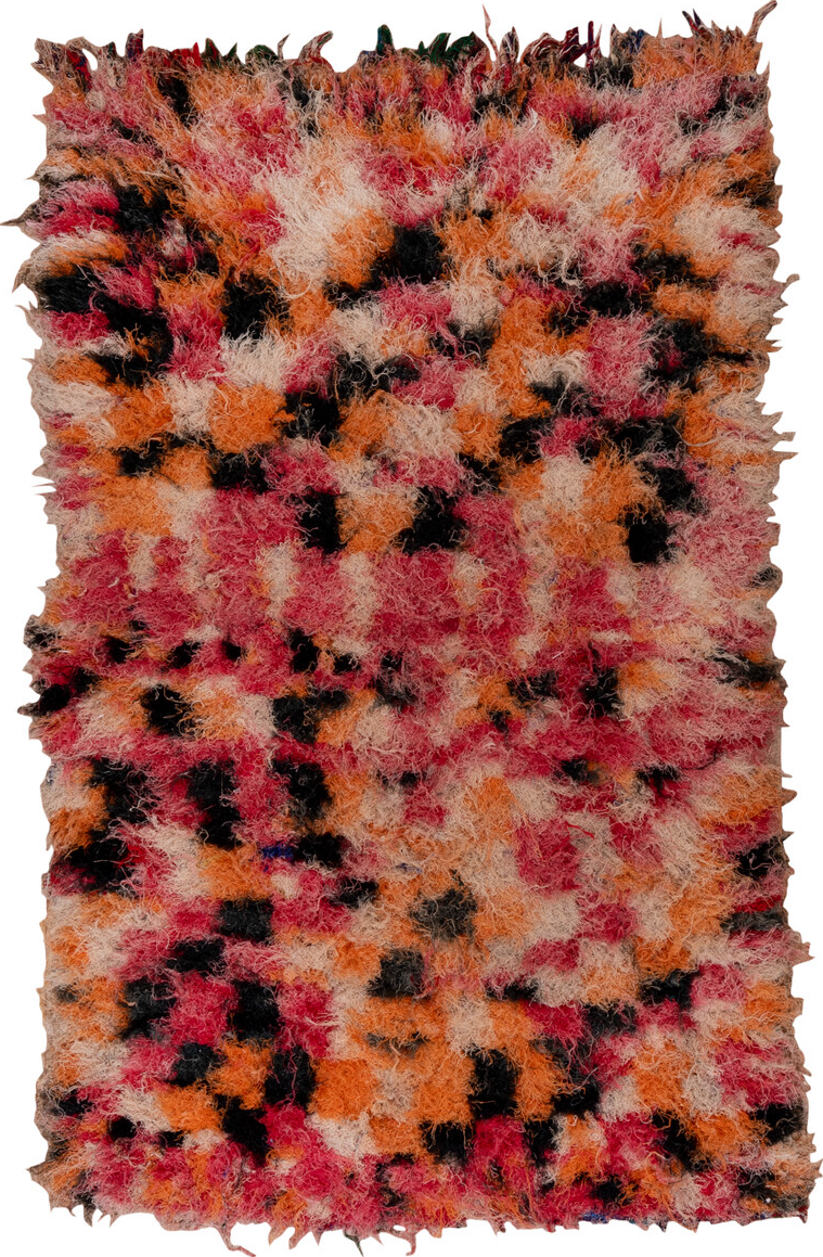 4' x 7' one-of-a-kind handmade vintage Rag Rug rug. Color palette: black, brown, burgundy, pink, red