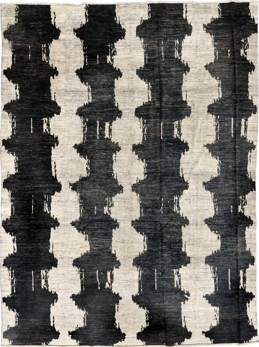 10' x 14' one-of-a-kind handmade vintage Tulu large size rug. Color palette: black, blue, brown, dark gray, dim gray, gray