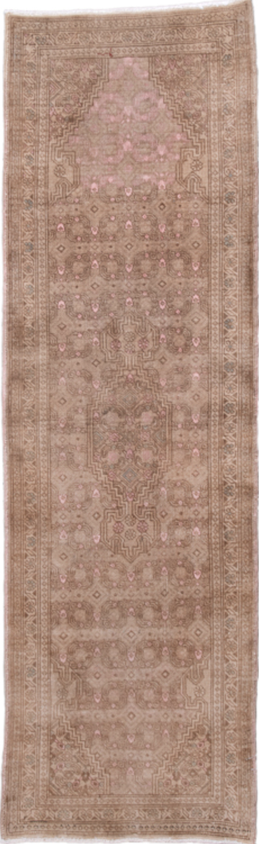 2' x 7' one-of-a-kind handmade vintage Sarab runner rug. Color palette: brown, pink, rosy brown