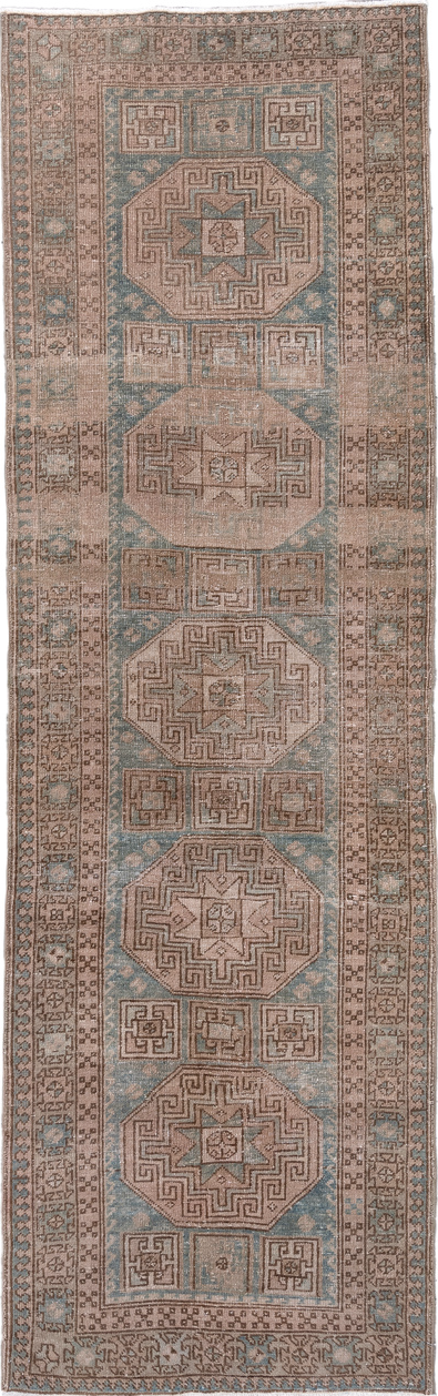 3' x 10' one-of-a-kind handmade vintage Sarab runner rug. Color palette: brown, dim gray, gray, light gray, off-white, pink