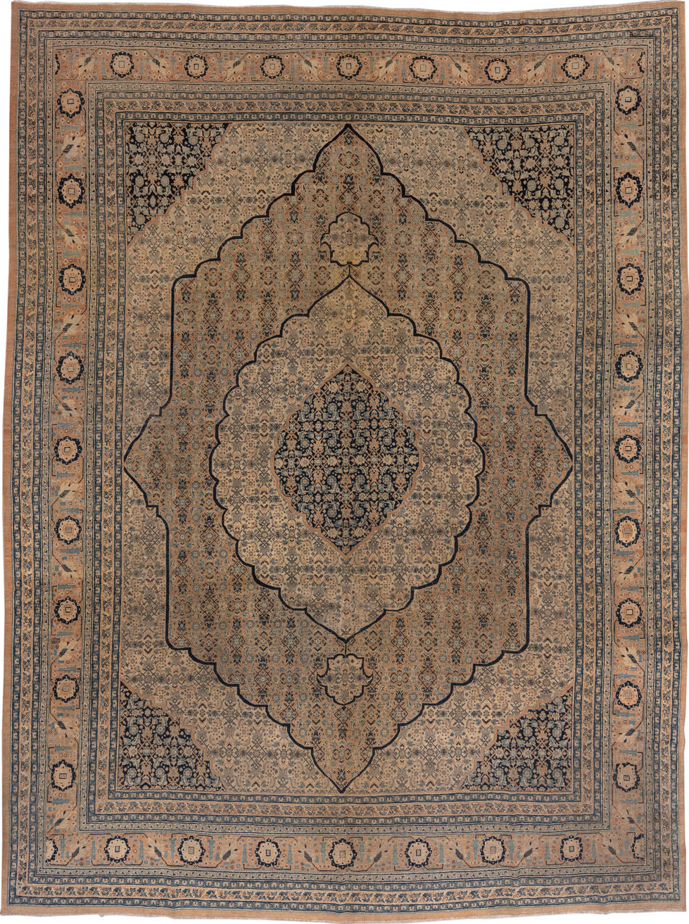 9' x 12' one-of-a-kind handmade vintage Tabriz large size rug. Color palette: black, blue, brown, charcoal, dim gray, gray
