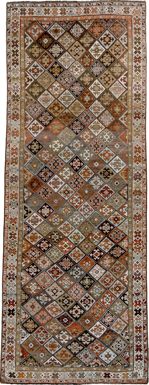 3' x 9' one-of-a-kind handmade vintage Kurd runner rug. Color palette: black, brown, dark gray, dim gray, gray, light gray