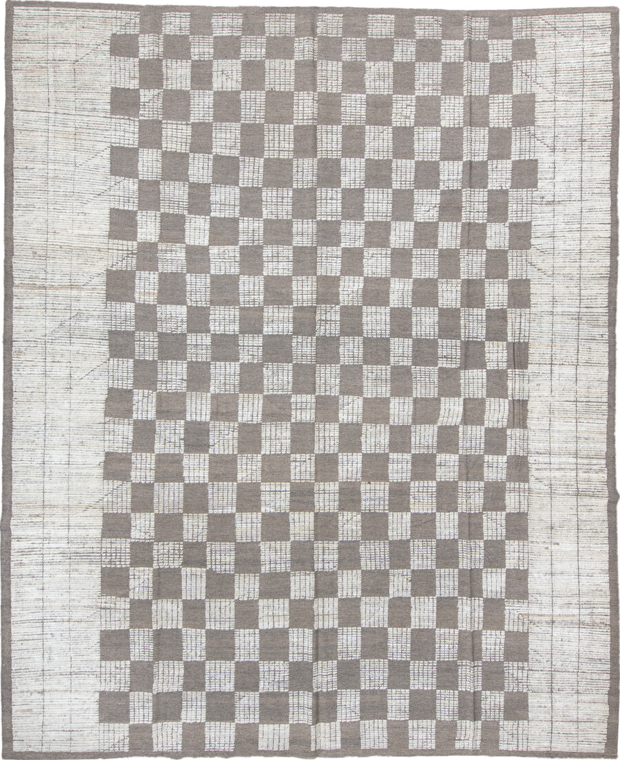 10' x 13' one-of-a-kind handmade vintage Tulu large size rug. Color palette: gray, light gray, off-white, silver, dim gray