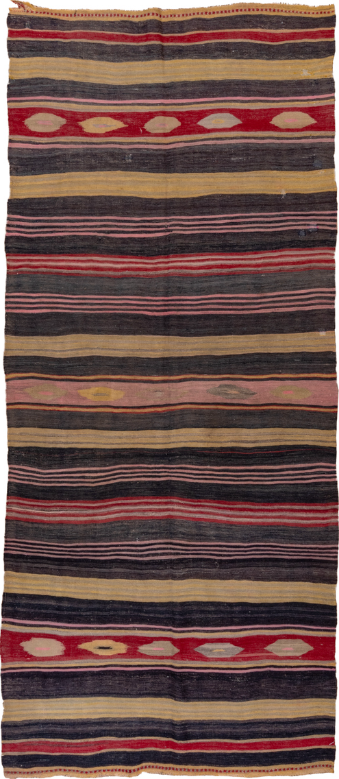 4' x 11' one-of-a-kind handmade vintage Kilim runner rug. Color palette: black, brown, charcoal, gray, pink, red