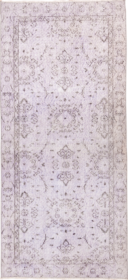 3' x 6' one-of-a-kind handmade vintage Overdyed runner rug. Color palette: gainsboro, gray, lavender blush, light gray