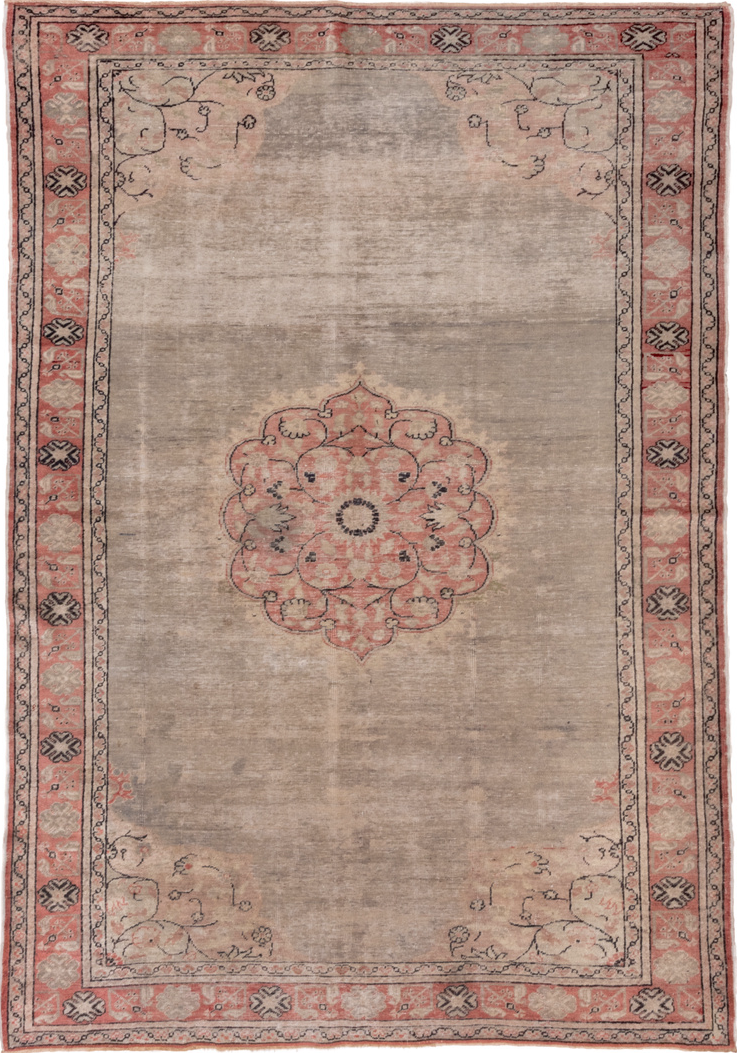 6' x 9' one-of-a-kind handmade vintage Oushak medium size rug. Color palette: brown, gray, light gray, off-white, pink, red