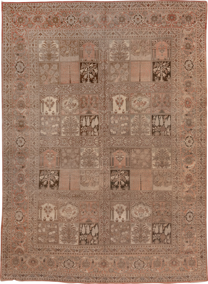 9' x 13' one-of-a-kind handmade vintage Tabriz large size rug. Color palette: brown, gray, pink, redwood