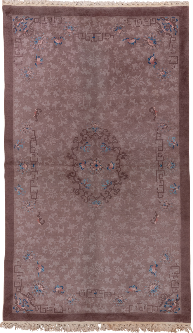 5' x 8' one-of-a-kind handmade vintage Chinese medium size rug. Color palette: blue, brown, gray, pink, red, rosy brown