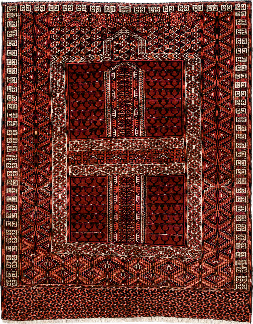 4' x 5' one-of-a-kind handmade vintage Torkaman small size rug. Color palette: brown, fire brick, gray, indian red