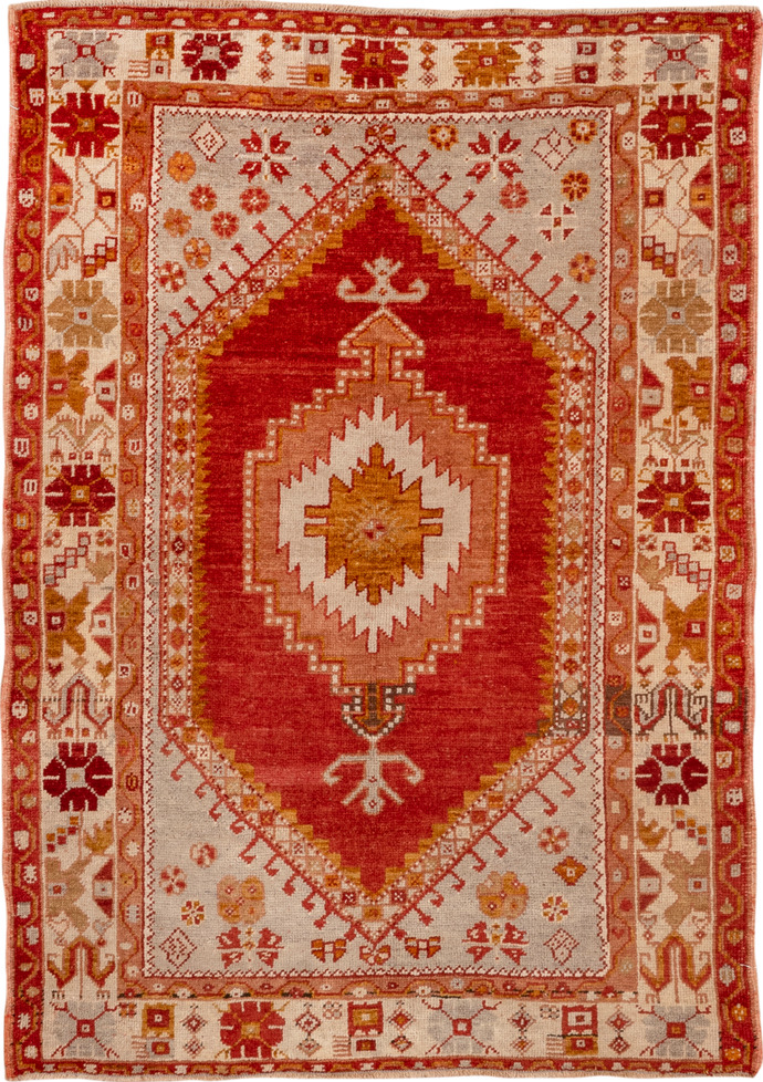3' x 5' one-of-a-kind handmade vintage Oushak small size rug. Color palette: brown, chocolate, dark red, orange, pink, red