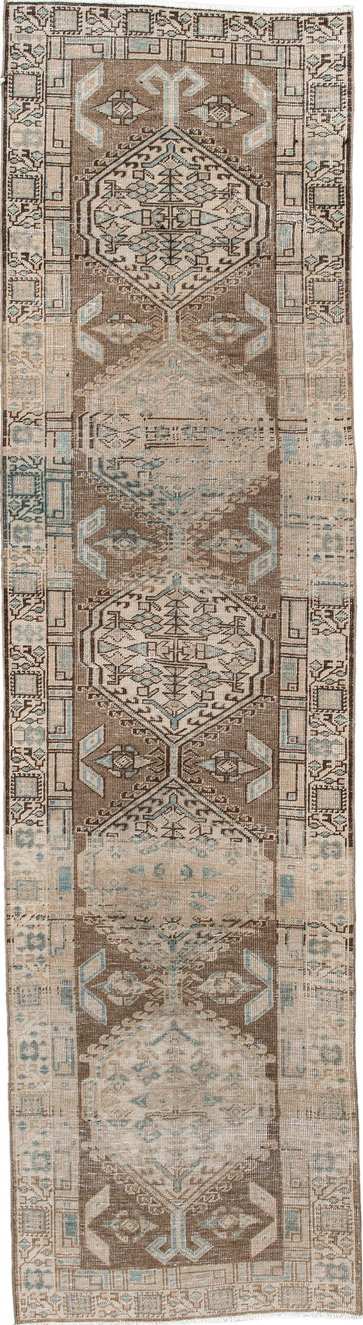 2' x 10' one-of-a-kind handmade vintage Sarab runner rug. Color palette: brown, dim gray, gray, light gray, off-white, pink