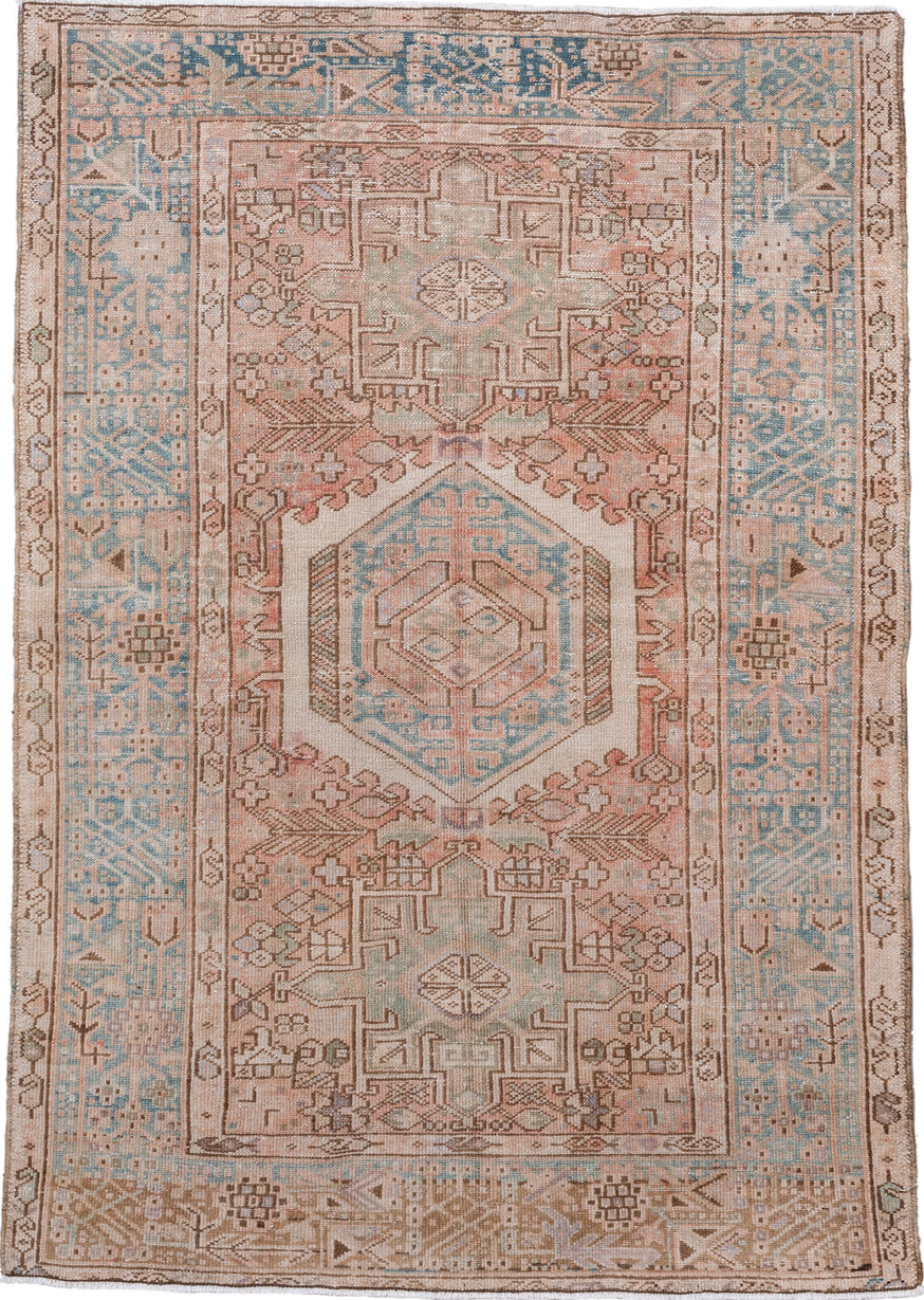 3' x 5' one-of-a-kind handmade vintage Karaje small size rug. Color palette: brown, dark gray, gray, light gray, off-white