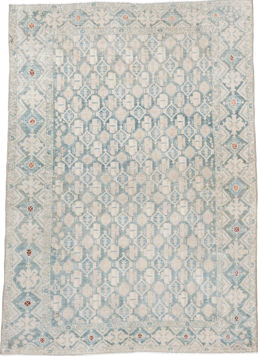 4' x 5' one-of-a-kind handmade vintage  small size rug. Color palette: brown, dark gray, gainsboro, gray, light gray, linen