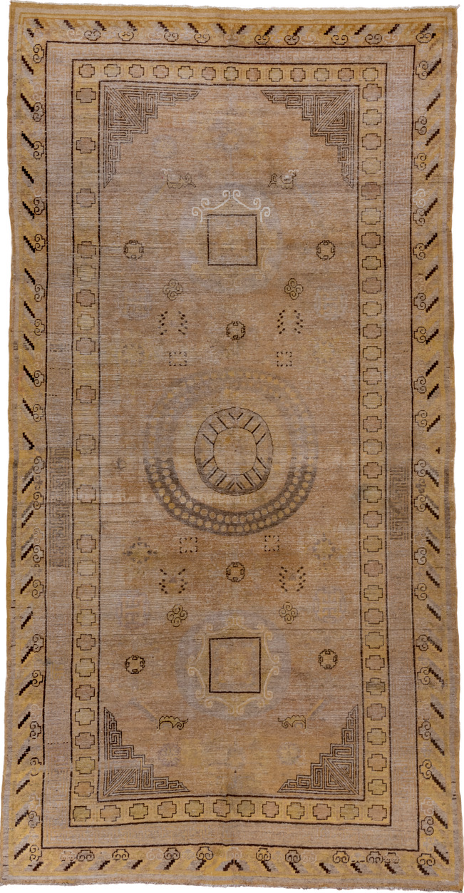 7' x 13' one-of-a-kind handmade vintage Khotan large size rug. Color palette: brown, gray, pink
