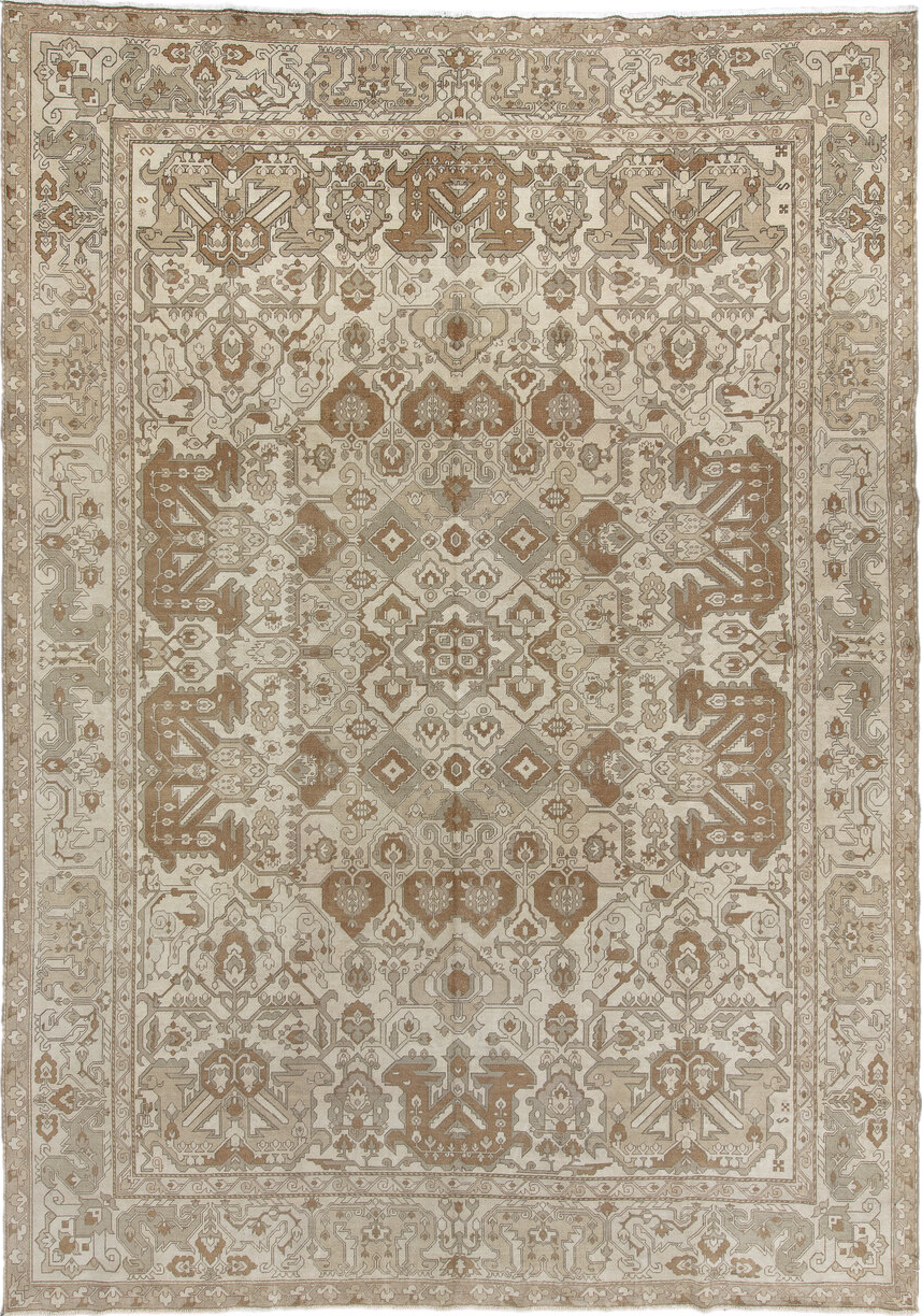 8' x 12' one-of-a-kind handmade vintage Derband large size rug. Color palette: brown, gray, light gray, off-white