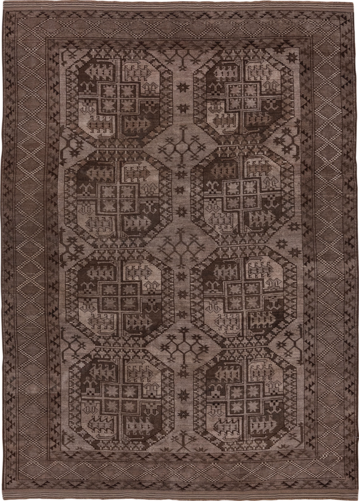 6' x 9' one-of-a-kind handmade vintage Afghan medium size rug. Color palette: brown, gray, light gray, off-white, pink