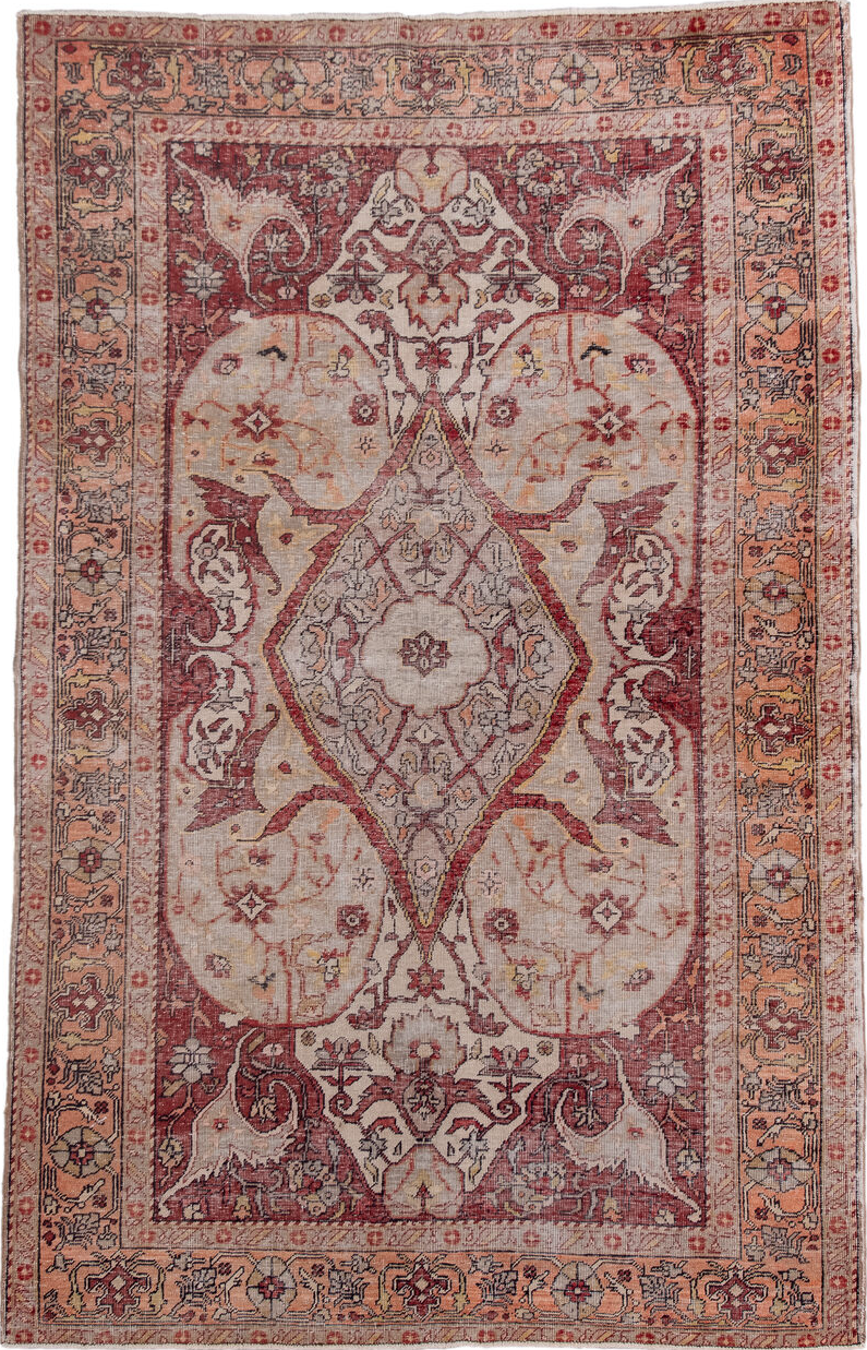 4' x 7' one-of-a-kind handmade vintage Oushak rug. Color palette: black, brown, gray, light gray, pink, red, redwood, wine