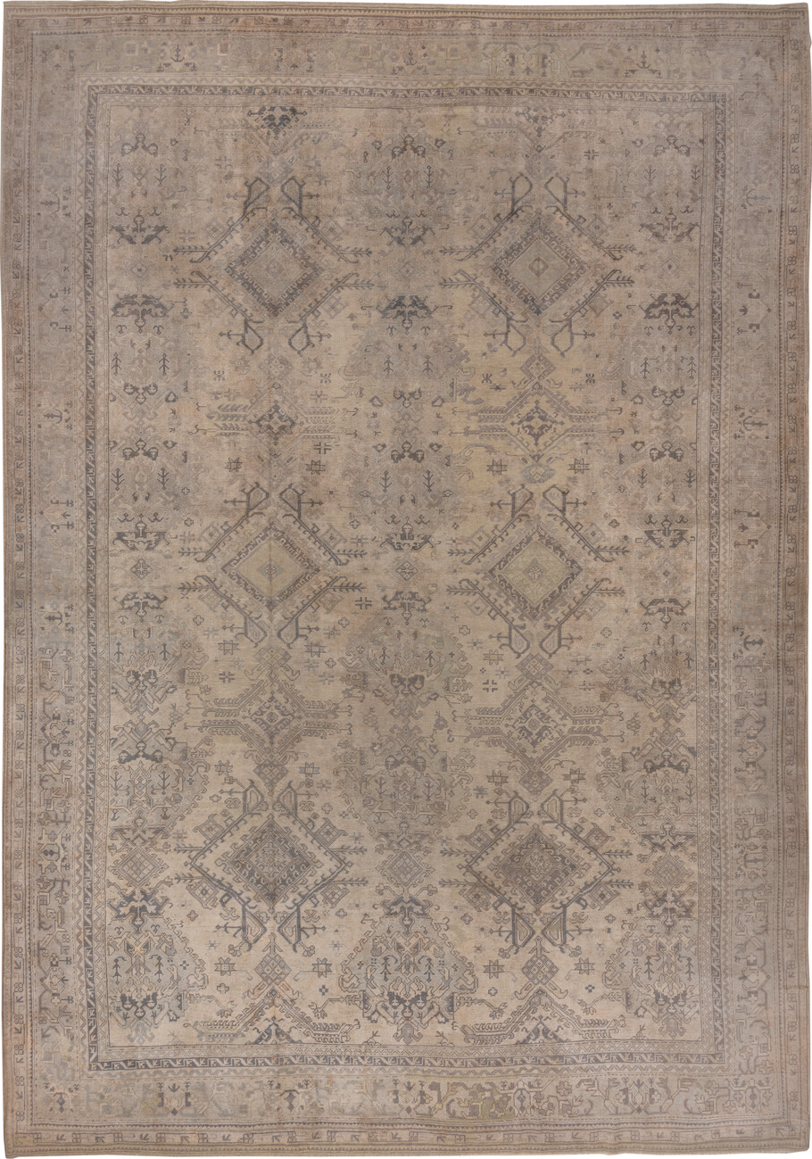 14' x 19' one-of-a-kind handmade vintage Oushak oversize rug. Color palette: gray, light gray, off-white, pink