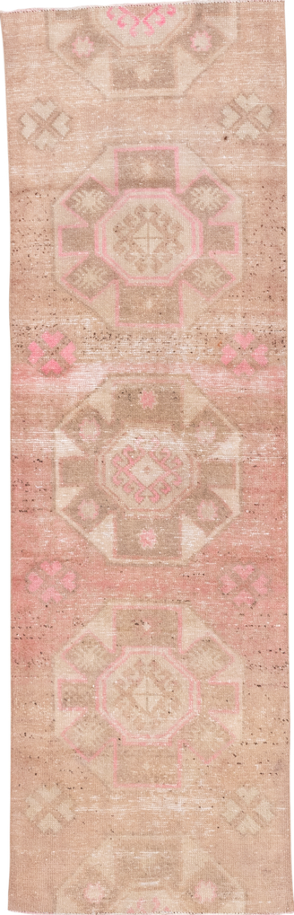 2' x 8' one-of-a-kind handmade vintage Oushak runner rug. Color palette: brown, light gray, off-white, orange, pink, snow