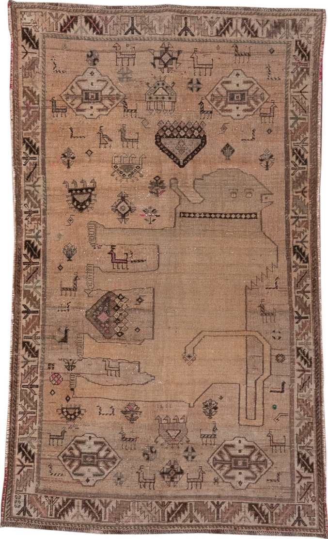 3' x 6' one-of-a-kind handmade vintage Gabbe small size rug. Color palette: brown, gray, light gray, orange, pink