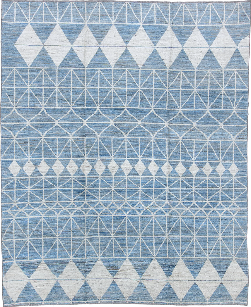 9' x 11' one-of-a-kind handmade vintage Tulu large size rug. Color palette: black, blue, dark gray, dim gray, gainsboro