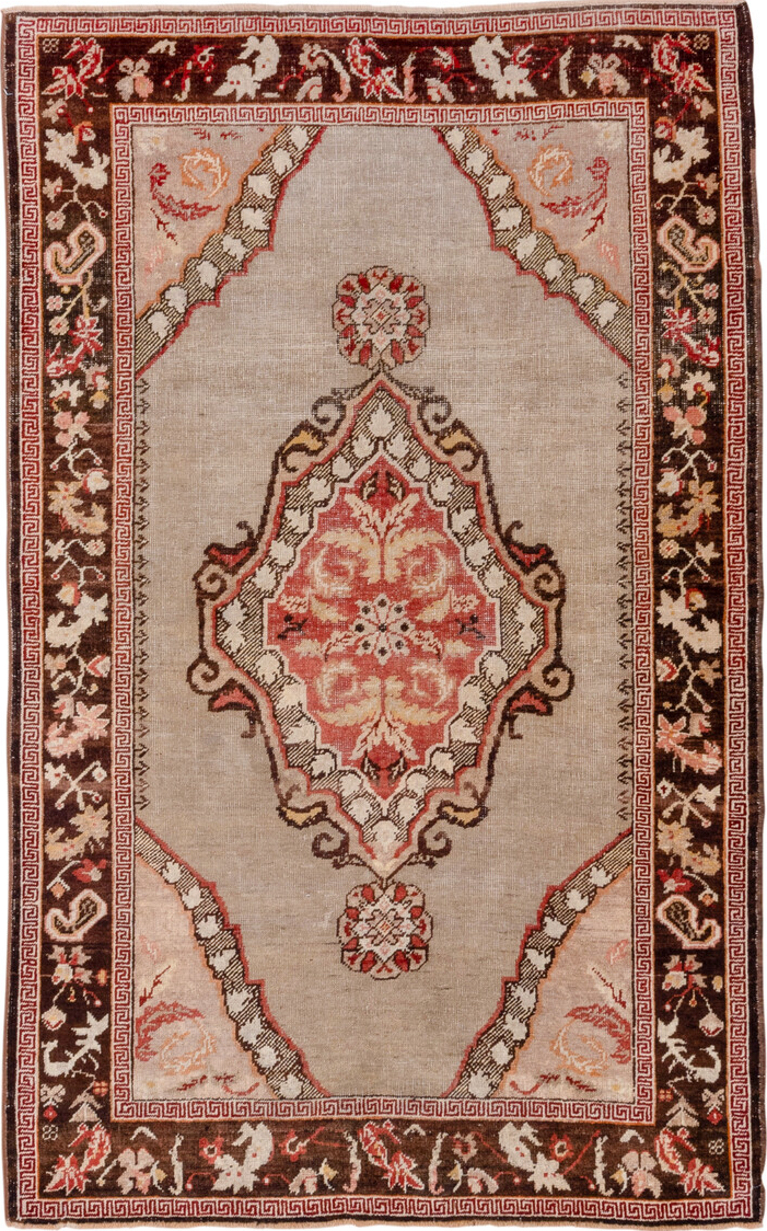 4' x 6' one-of-a-kind handmade vintage Oushak small size rug. Color palette: brown, gray, light gray, off-white, orange