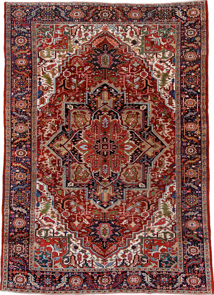 9' x 13' one-of-a-kind handmade vintage Heriz large size rug. Color palette: brown, gray, pink, light blue, red, blue