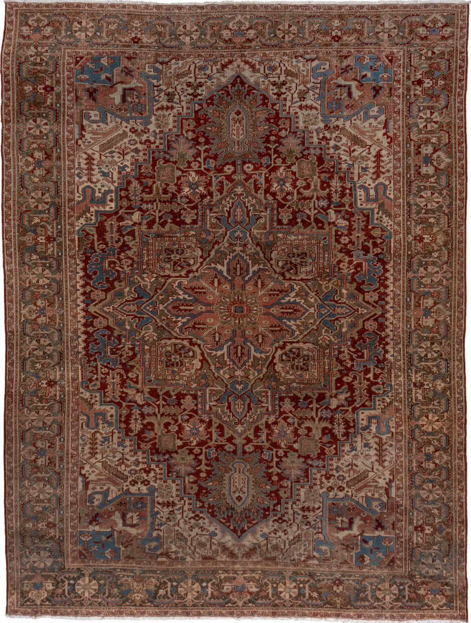 9' x 12' one-of-a-kind handmade vintage Heriz large size rug. Color palette: black, blue, brown, charcoal, gray, light gray