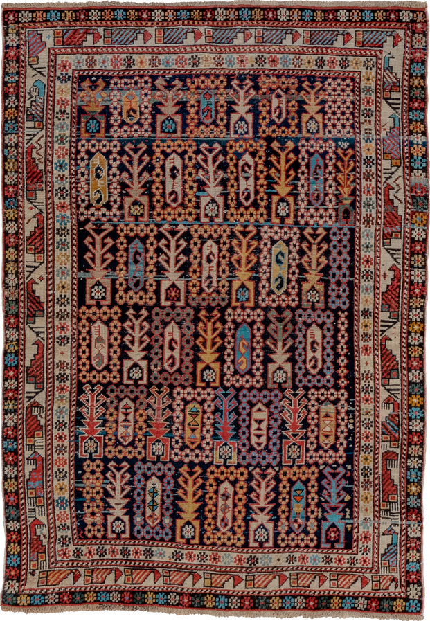 3' x 4' one-of-a-kind handmade vintage Shirvan small size rug. Color palette: black, blue, brown, gray, red