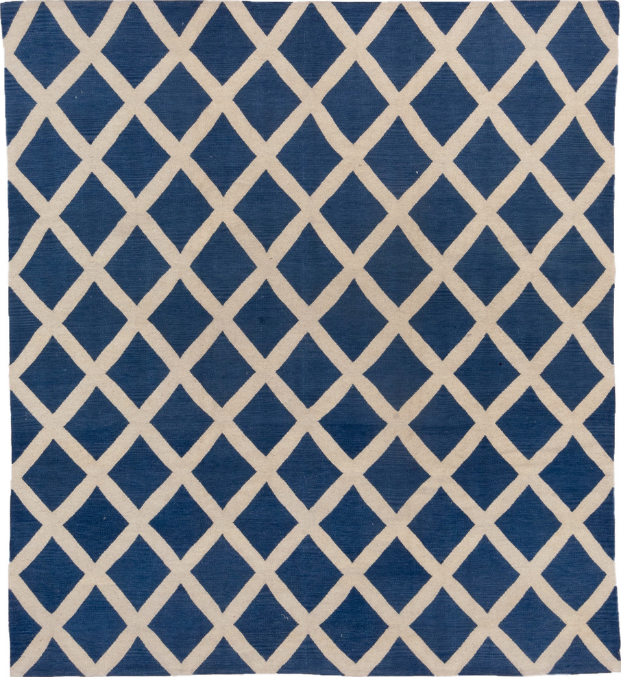 8' x 9' one-of-a-kind handmade vintage Kilim rug. Color palette: blue, brown, dark gray, dim gray, gray, light gray