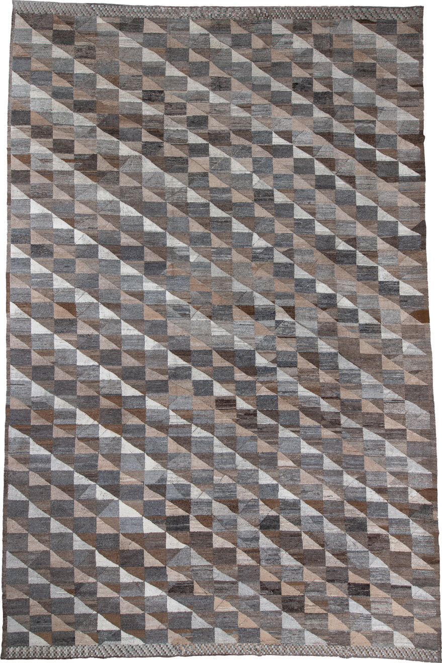 13' x 20' one-of-a-kind handmade vintage Tulu oversize rug. Color palette: black, blue, brown, charcoal, dark gray