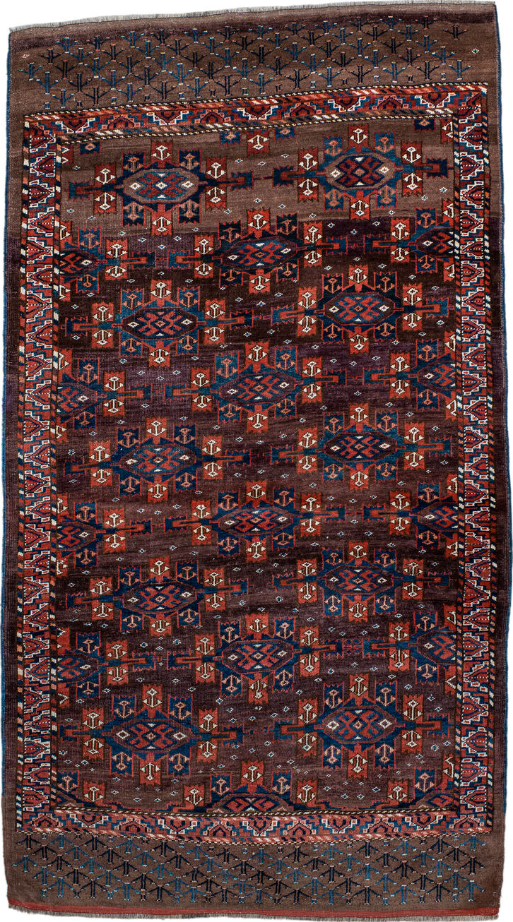 4' x 7' one-of-a-kind handmade vintage Yamoud rug. Color palette: blue, brown, dim gray, gray, light gray, light slate gray