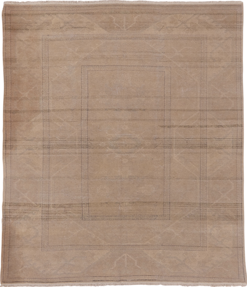 6' x 7' one-of-a-kind handmade vintage Oushak rug. Color palette: brown, gray, light gray, off-white, pink, snow, white