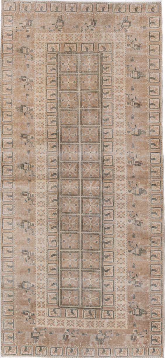 3' x 8' one-of-a-kind handmade vintage Sivas runner rug. Color palette: brown, dim gray, gray, light gray, off-white, pink