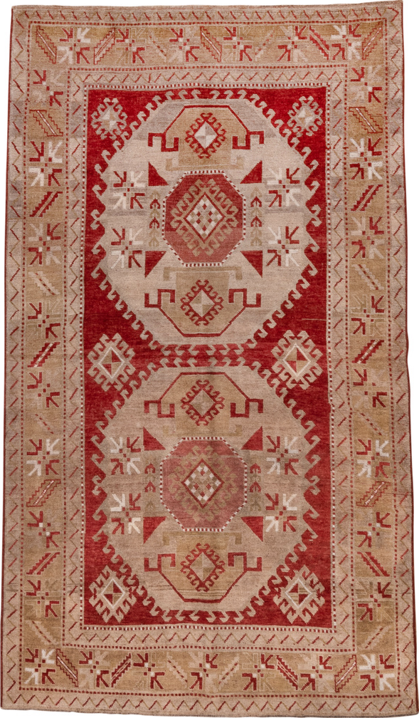 4' x 7' one-of-a-kind handmade vintage Caucasian rug. Color palette: brown, gray, light gray, off-white, pink, red