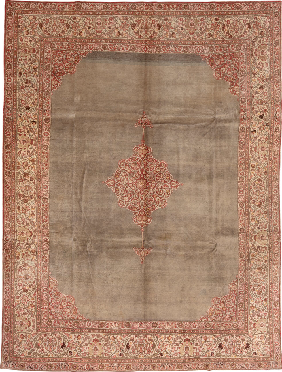 9' x 12' one-of-a-kind handmade vintage Tabriz large size rug. Color palette: brown, off-white, orange, pink, tan