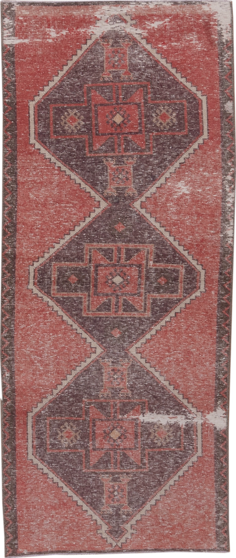 2' x 6' one-of-a-kind handmade vintage Oushak runner rug. Color palette: brown, gray, light gray, pink, red, wine