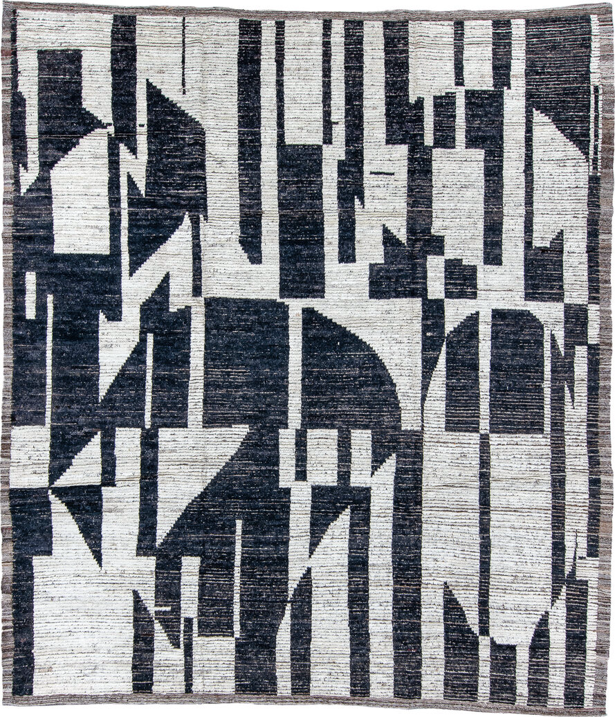 9' x 11' one-of-a-kind handmade vintage Tulu large size rug. Color palette: blue, dark gray, fiord, gainsboro, gray