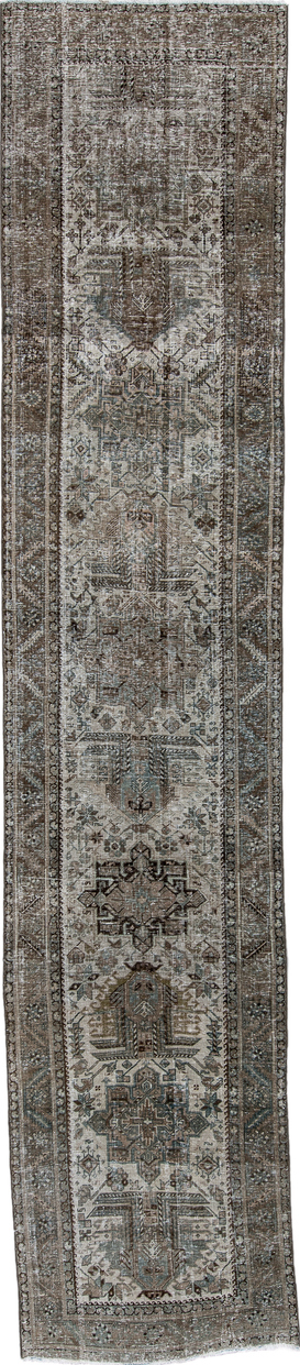 3' x 14' one-of-a-kind handmade vintage Heriz runner rug. Color palette: black, dark gray, dim gray, gray, light gray