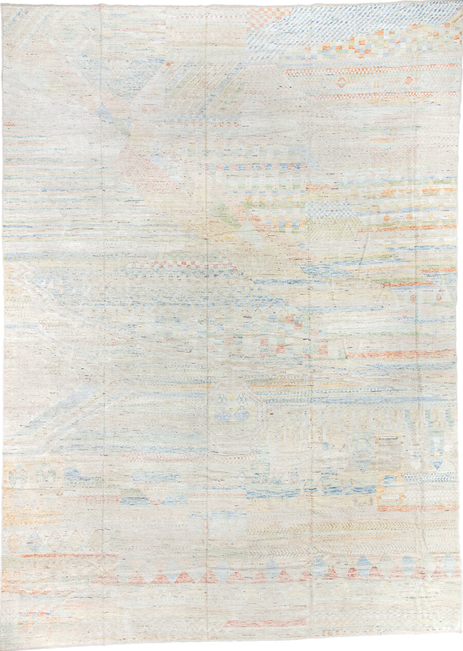 13' x 19' one-of-a-kind handmade vintage Tulu oversize rug. Color palette: alice blue, blue, brown, dark gray, gainsboro