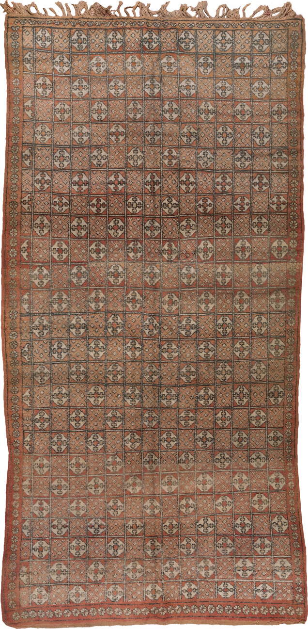 5' x 10' one-of-a-kind handmade vintage Moroccan medium size rug. Color palette: brown, gray, pink