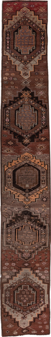 2' x 14' one-of-a-kind handmade vintage Kars runner rug. Color palette: brown, gray, off-white, pink, redwood, snow, white