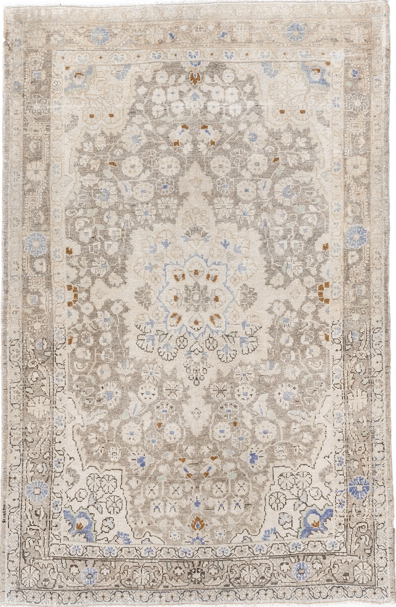 3' x 5' one-of-a-kind handmade vintage Sarouk small size rug. Color palette: antiquewhite, blue, dark gray, dim gray, gray