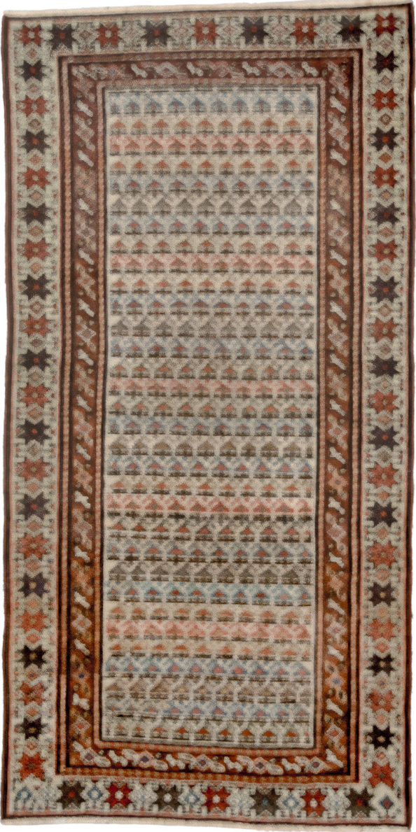 2' x 5' one-of-a-kind handmade vintage Malayer small size rug. Color palette: black, brown, dim gray, gray, pink