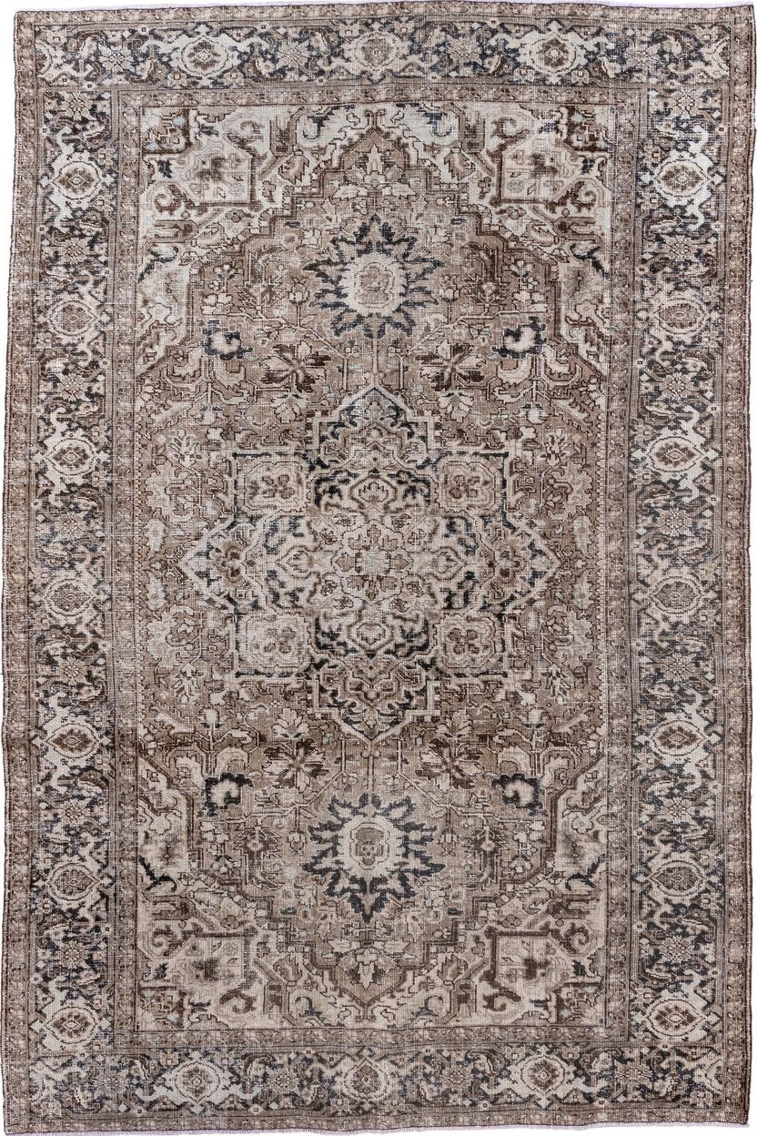 6' x 9' one-of-a-kind handmade vintage Heriz medium size rug. Color palette: black, brown, charcoal, gainsboro, ghost white