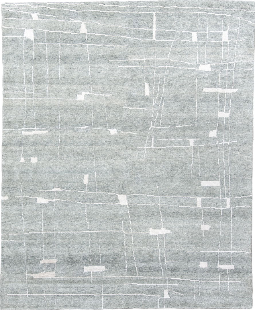 8' x 10' one-of-a-kind handmade vintage Tribeca large size rug. Color palette: gray, light gray, off-white, light blue