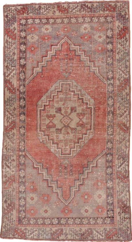 3' x 6' one-of-a-kind handmade vintage Oushak small size rug. Color palette: brown, gray, off-white, pink, snow, white