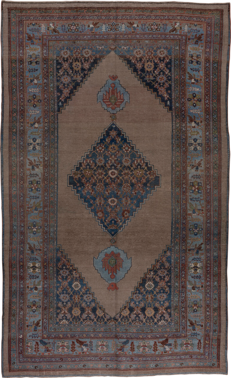 7' x 12' one-of-a-kind handmade vintage Bidjar large size rug. Color palette: black, blue, brown, charcoal, dim gray, gray