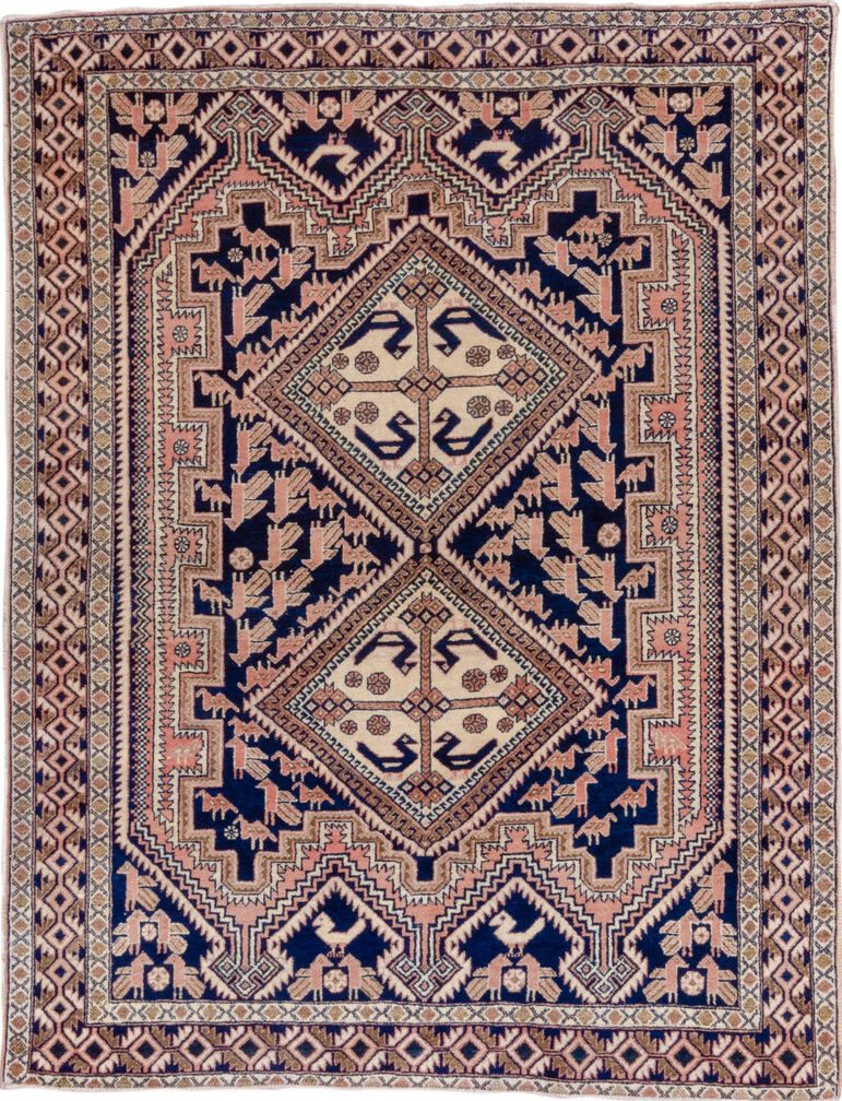 4' x 5' one-of-a-kind handmade vintage Afshar small size rug. Color palette: black, brown, gray, light gray, off-white