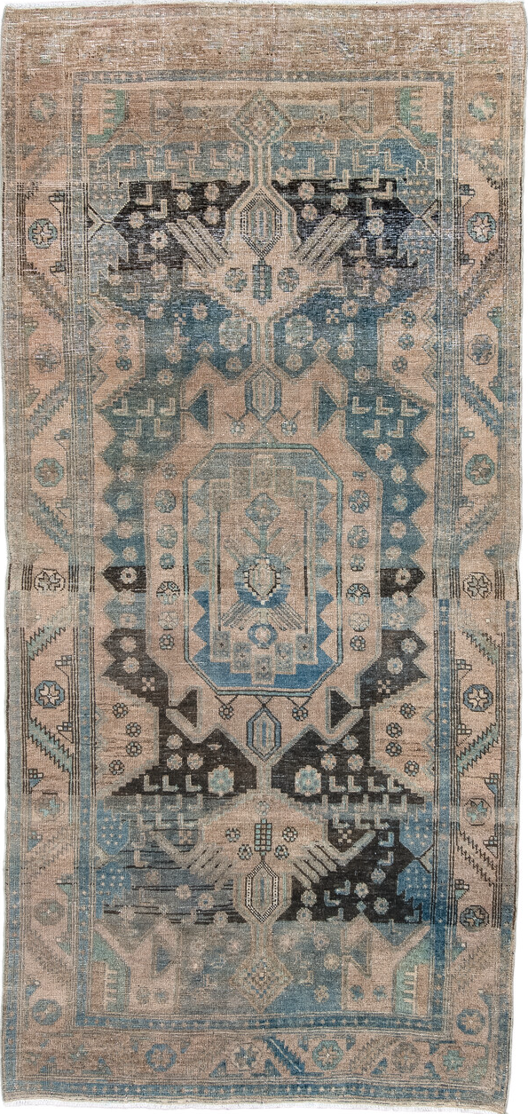 3' x 8' one-of-a-kind handmade vintage Bidjar runner rug. Color palette: black, blue, charcoal, dark gray, gray, light gray